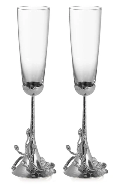 Michael Aram White Orchid Set Of 2 Toasting Flutes In Silver