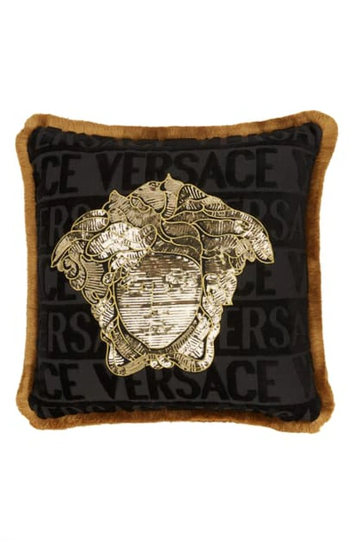 Versace Medusa Sequin Fringe Accent Pillow In Black/ Gold
