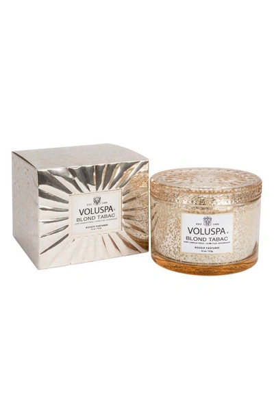 Voluspa Blond Tabac Corta Maison Embossed Glass Candle With Lid 11 Oz. In White Gold