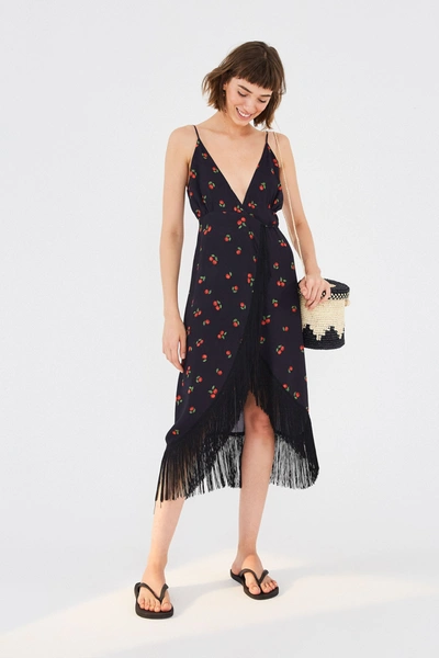 Farm Rio Black Pitanga Fringe Wrap Dress