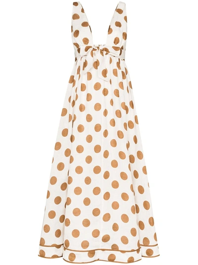 Zimmermann Empire Tie-front Polka Dot Midi Dress In Tan/white