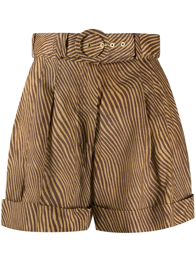 Zimmermann Empire Pleated Zebra-print Linen Shorts In Camel