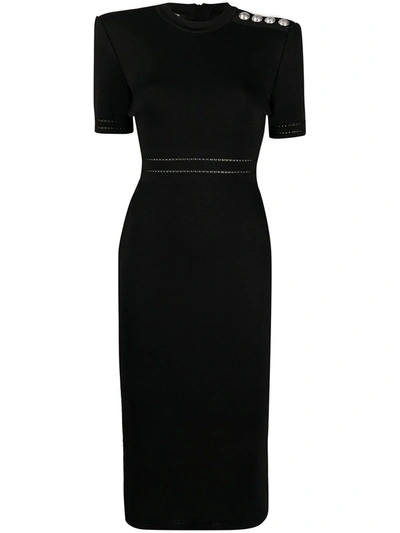 Balmain Short-sleeve Viscose Knit Midi Dress With Button Shoulders In Black