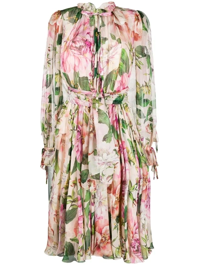 Dolce & Gabbana Tie Detail Floral Silk Chiffon Long Sleeve Dress In Pink Floral