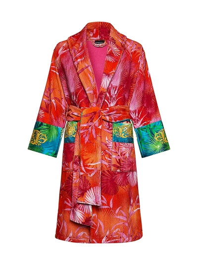 Versace Jungle-print Cotton Bathrobe In Red Print