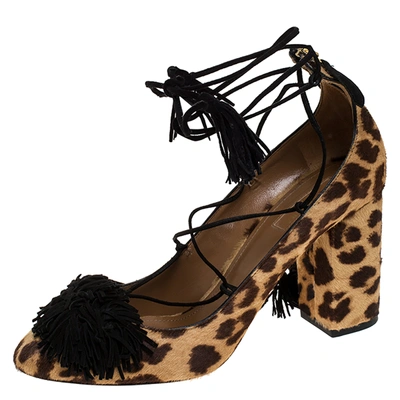 Pre-owned Aquazzura Brown Leopard Print Pony Hair Fringe Detail Ankle Wrap Block Heel Pumps Size 39