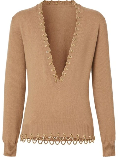 Burberry Chain Embellished Plunge Neck Cashmere Sweater In Camel