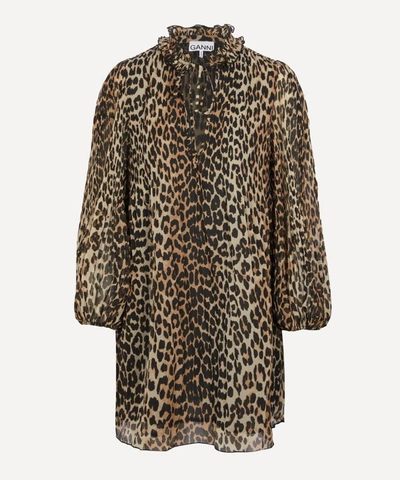 Ganni Pleated Georgette Mini-dress In Leopard
