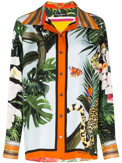 Dolce & Gabbana Oversized Twill Shirt In Leopard And Giraffe Print In Green
