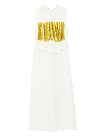 Prada Velvet Detail Pleated Sleeveless Dress In White