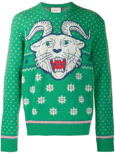 Gucci Crewneck Intarsia Wool & Alpaca Sweater In Green