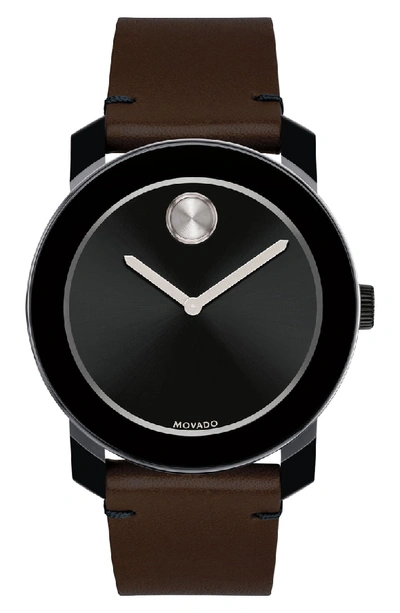 Movado 42mm Bold Watch With Leather Strap, Brown/black In Chocolate Brown/ Black