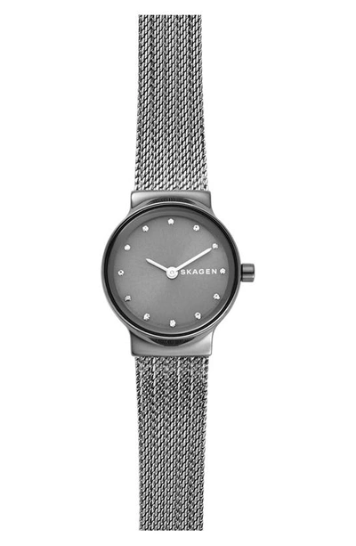 Skagen Freja Crystal Accent Mesh Strap Watch, 26mm In Grey/ Gunmetal