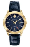 Versace Collection Business Slim Blue Croc-embossed Leather Watch, 43mm In Blue/ Gold