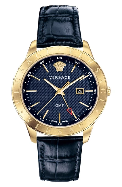 Versace Collection Business Slim Blue Croc-embossed Leather Watch, 43mm In Blue/ Gold