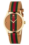 Gucci G-timeless Stripe Leather Strap Watch In Beige