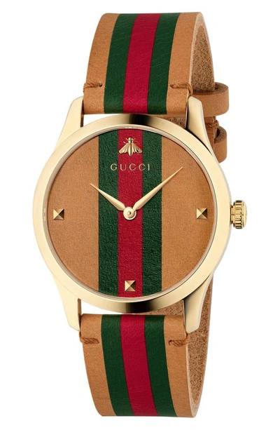 Gucci G-timeless Stripe Leather Strap Watch In Beige