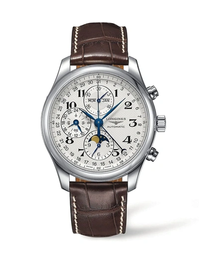 Longines Master Collection 36mm Stainless Steel Chronograph Alligator Leather Strap Watch In Silver/brown