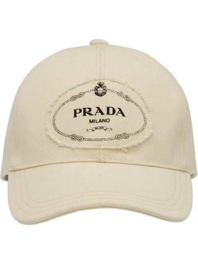 Prada Logo Print Applique Cotton Cap In White