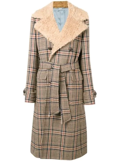 Gucci Checked Faux-shearling Collar Coat In Brown