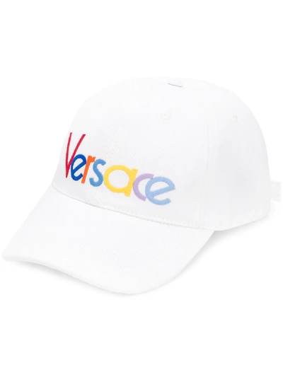 Versace Embroidered Rainbow Logo Cotton Baseball Cap In White