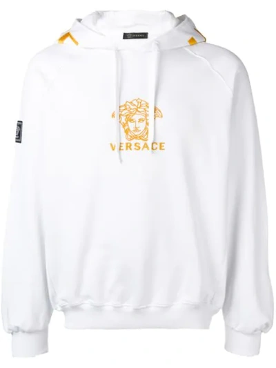Versace Logo Embroidered Hooded Cotton Jumper In White
