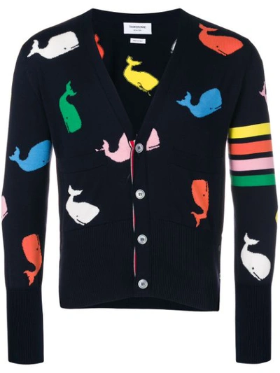 Thom Browne Whale Intarsia Cotton Knit Cardigan In Navy