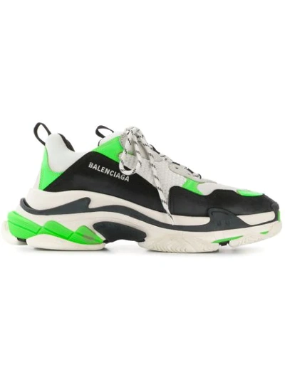 Balenciaga White & Green Triple S Sneakers In White / Neon Green / Black