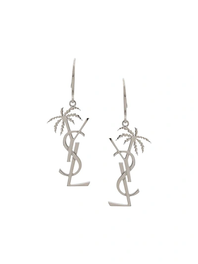 Saint Laurent Monogram And Palm Tree Pendant Earring In Silver