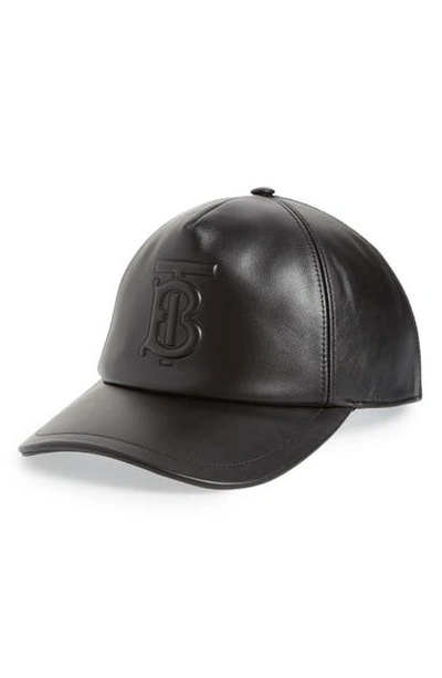 Burberry Embossed Monogram Leather Baseball Cap In Black