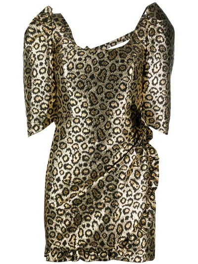 Alessandra Rich Leopard Print Puff Sleeve Dress In Gold