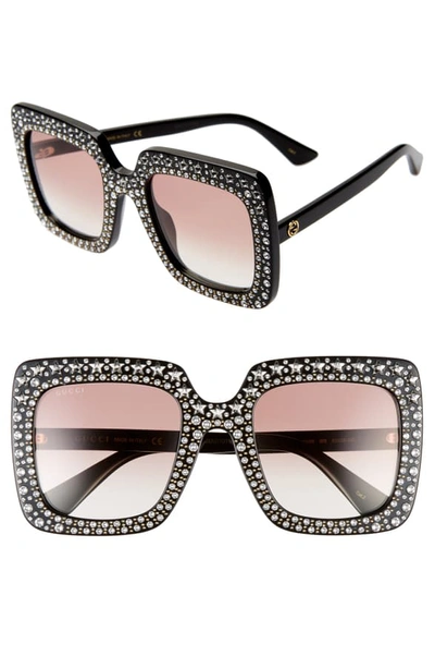 Gucci 52mm Crystal Embellished Square Sunglasses In Shiny Black W/ Star Crystals