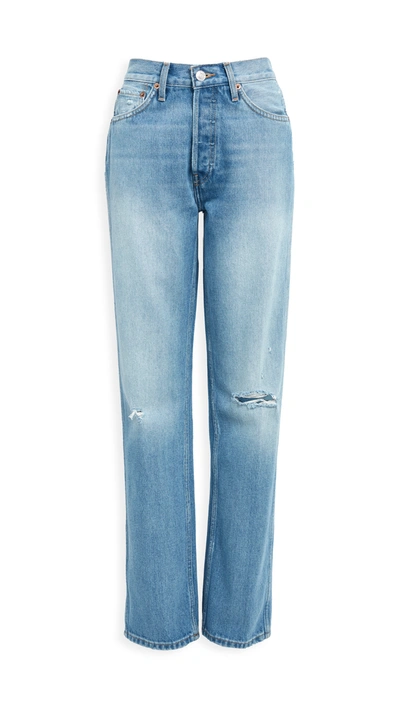 Re/done High-rise Distressed Loose Slim Jeans In Washed Indigo With Rips