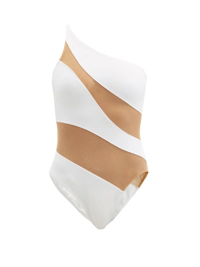 Norma Kamali Snake One-shoulder Mesh-paneled Swimsuit In White