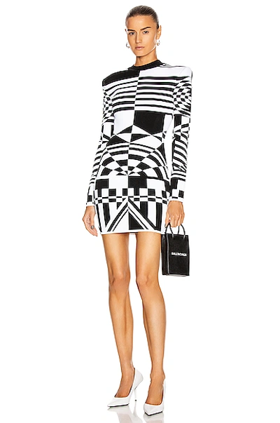 Balmain Optical Jacquard Padded Shoulder Dress In Black And White