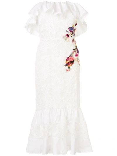 Marchesa Lace Embroidered Off The Shoulder Dress In White