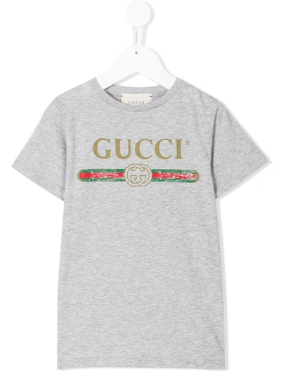 Gucci Kids' Grey Cotton Logo Print T-shirt In Grigio
