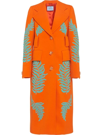 Prada Fern Motif Beaded Long Coat In Orange | ModeSens