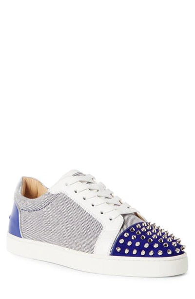 Christian Louboutin Seavaste Spikes Leather & Canvas Low-top Sneakers In Version Blue