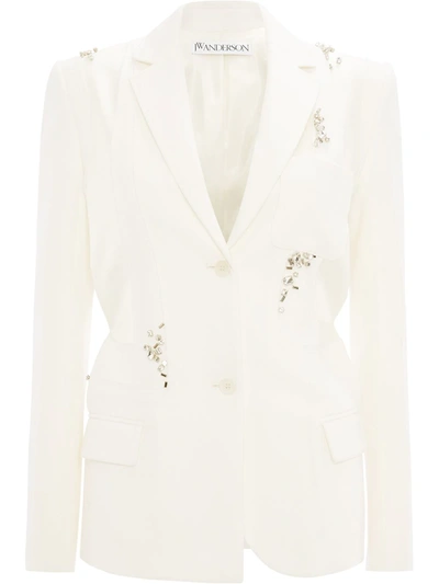 Jw Anderson Crystal-embellished Paneled Satin And Wool-crepe Blazer In White