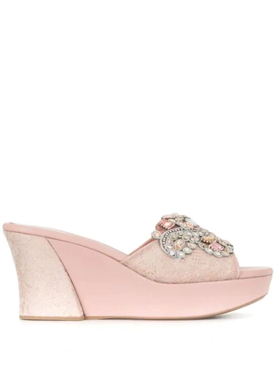 René Caovilla Lace Panel Embroidered Sandals In Pink