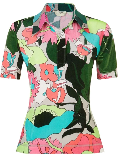 Fendi Floral Print Polo Top In Green