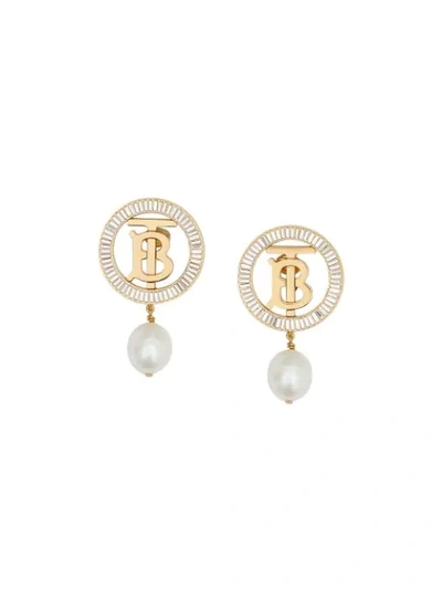 Burberry Pearl Embellished Logo Clip-on Earrings In Gold