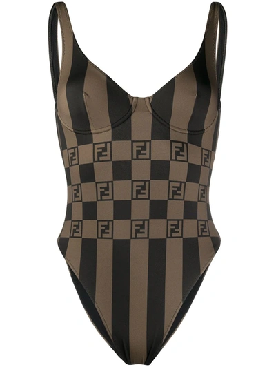 Fendi Classic Ff Logo Print Bathing Suit In Neutrals