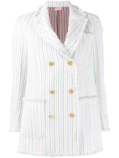 Thom Browne Double Breasted Striped Tweed Jacket In White