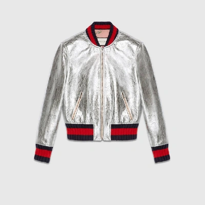 Gucci Crackle Leather Bomber Jacket, Silver