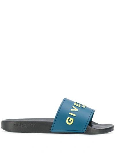 Givenchy Embossed Logo Sliders In Oil Blue