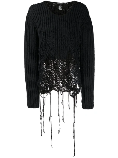 Ann Demeulemeester Crew Neck Distressed Cable Knit Jumper In Black