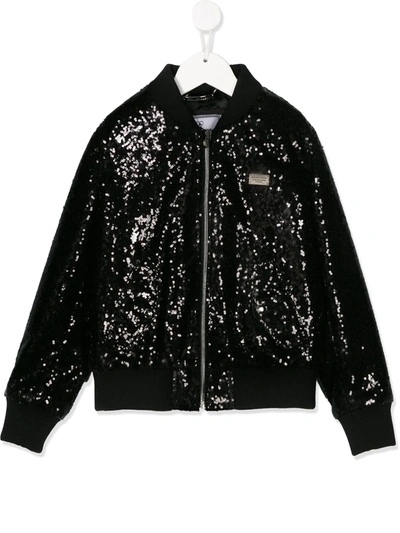 Philipp Plein Kids' Sequined Logo Bomber Jacket In Black