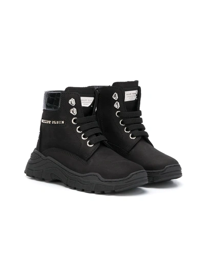 Philipp Plein Kids' Lace-up Logo Ankle Boots In Black